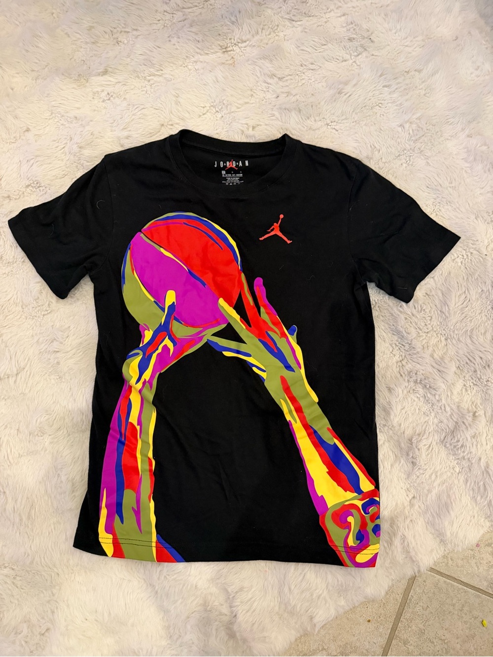 Jordan Black Tee with Neon Multicolor Basketball Hands